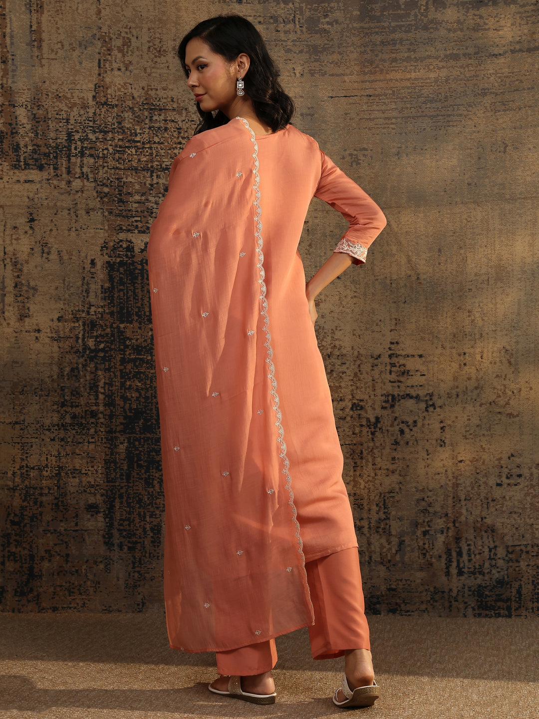  Peach Embroidered Chanderi Cotton Straight Suit Set With Dupatta 
