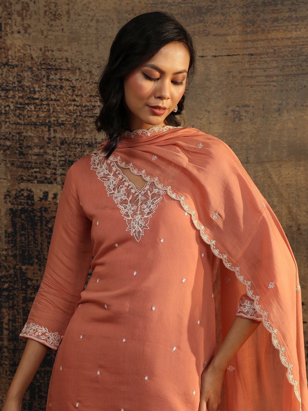 Peach Embroidered Chanderi Cotton Straight Suit Set With Dupatta 