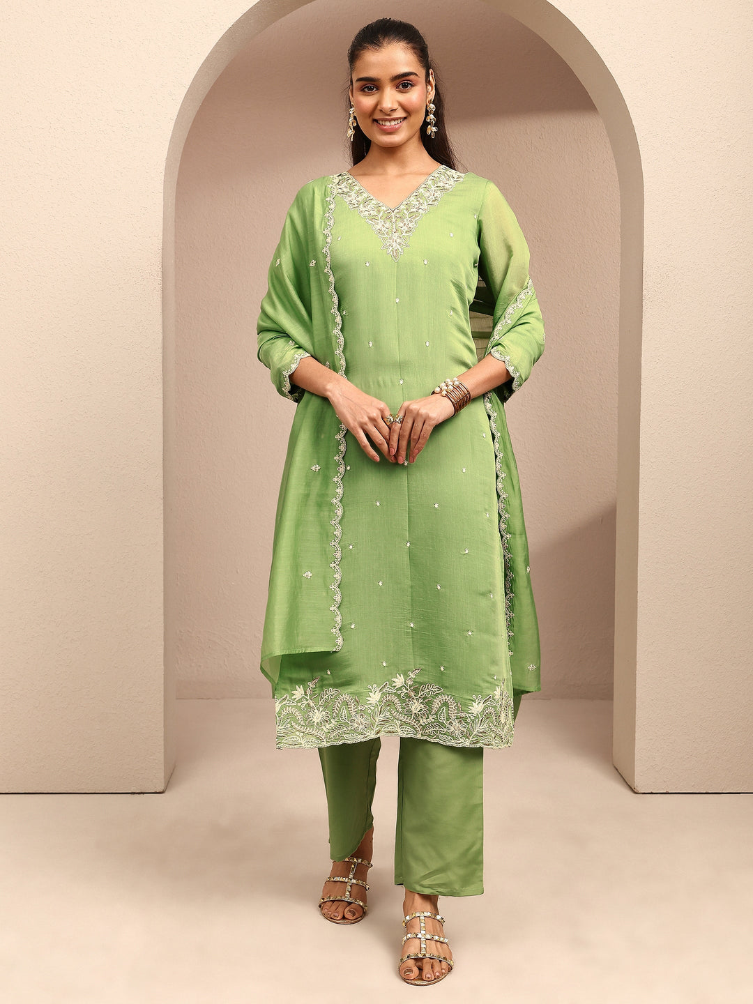 Green Embroidered Chanderi Cotton Straight Suit Set With Dupatta 