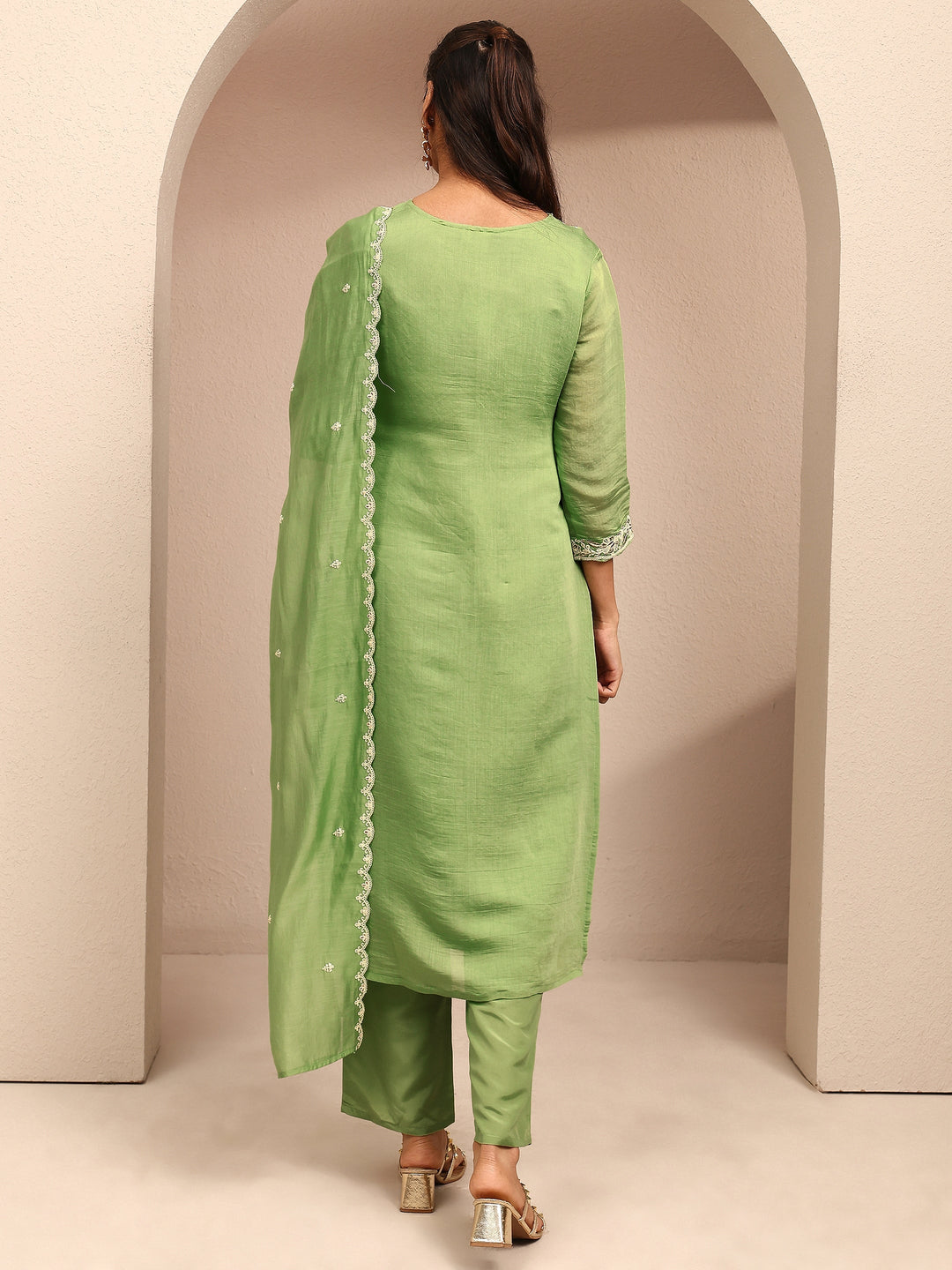  Green Embroidered Chanderi Cotton Straight Suit Set With Dupatta 