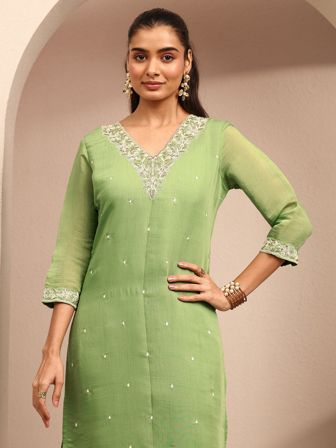  Green Embroidered Chanderi Cotton Straight Suit Set With Dupatta 