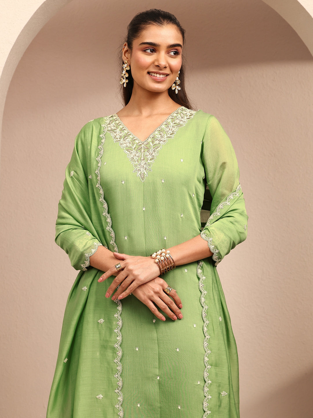  Green Embroidered Chanderi Cotton Straight Suit Set With Dupatta 