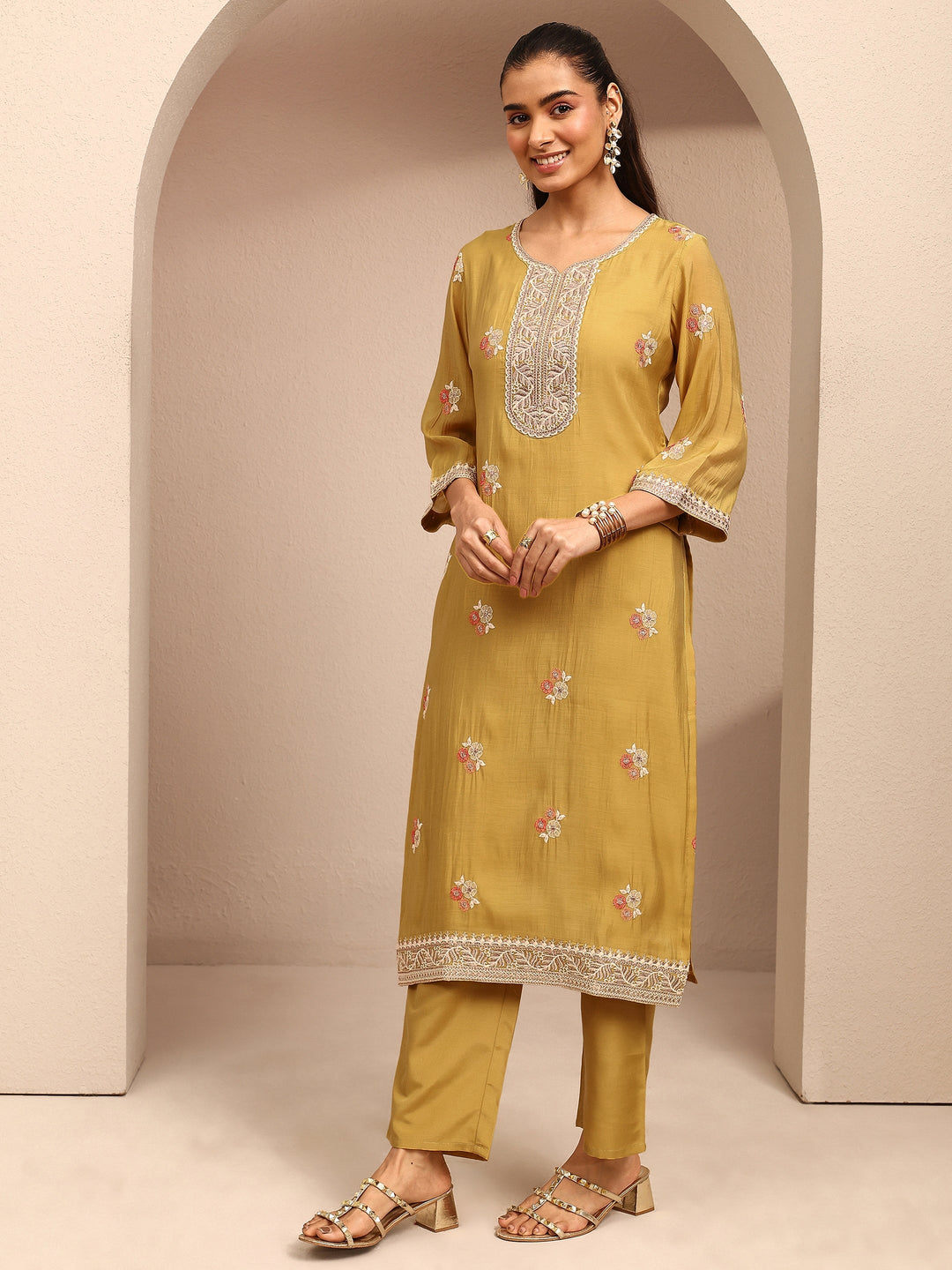  Mustard Embroidered Chanderi Cotton Straight Suit Set With Dupatta 