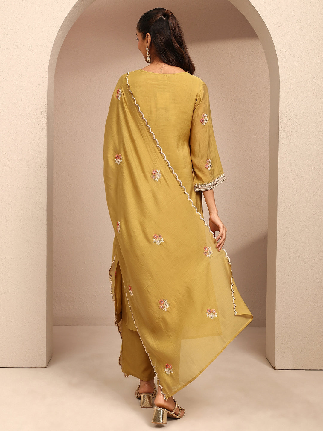  Mustard Embroidered Chanderi Cotton Straight Suit Set With Dupatta 