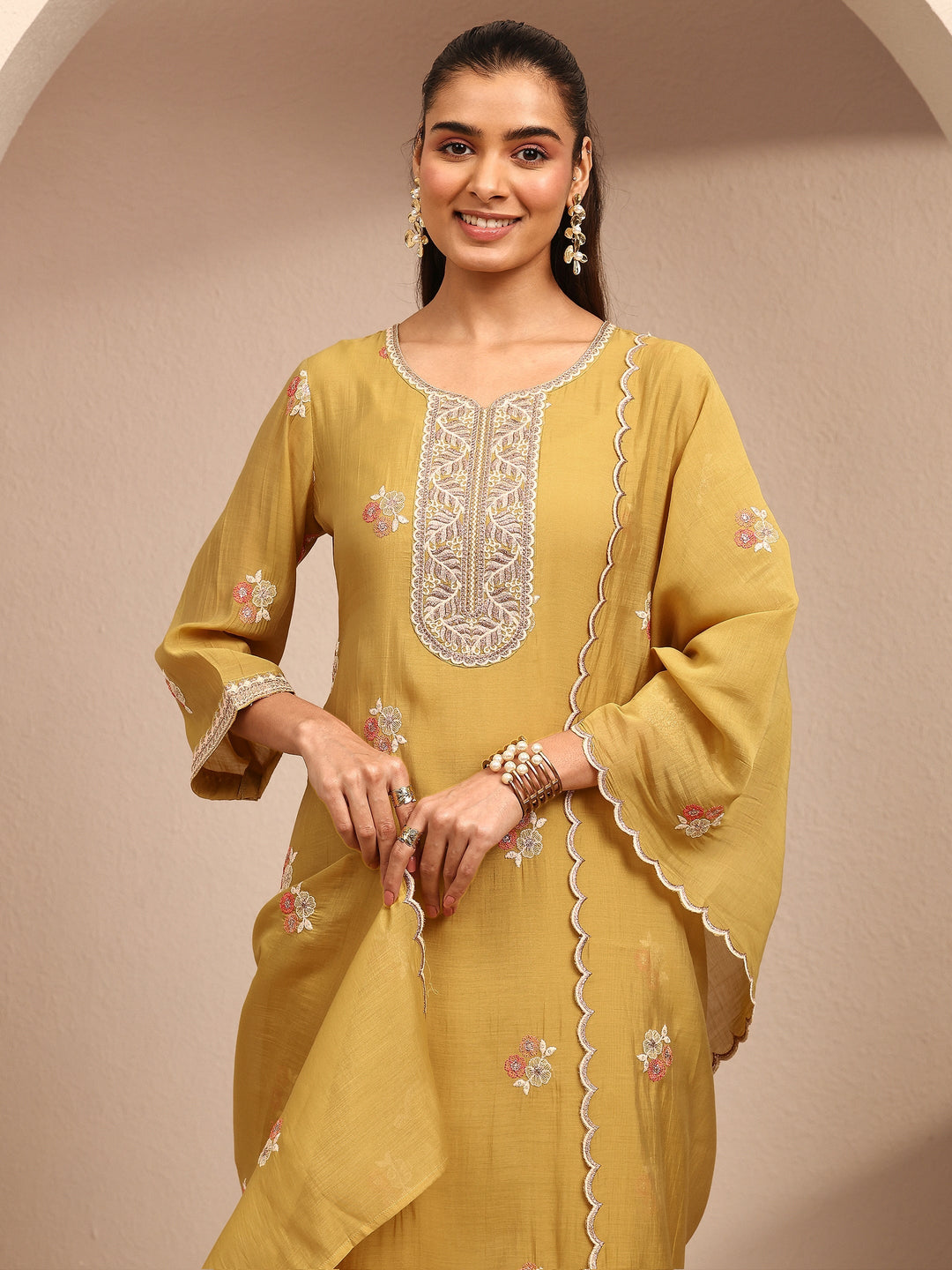  Mustard Embroidered Chanderi Cotton Straight Suit Set With Dupatta 