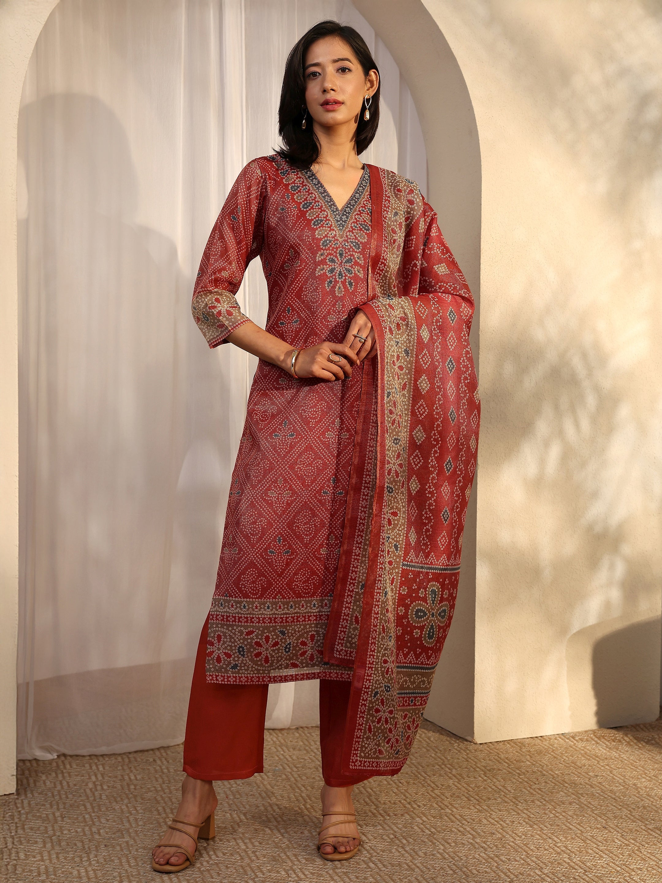 libas Rust Bandhani Printed Silk Blend Straight Suit Set With Dupatta-picture-19