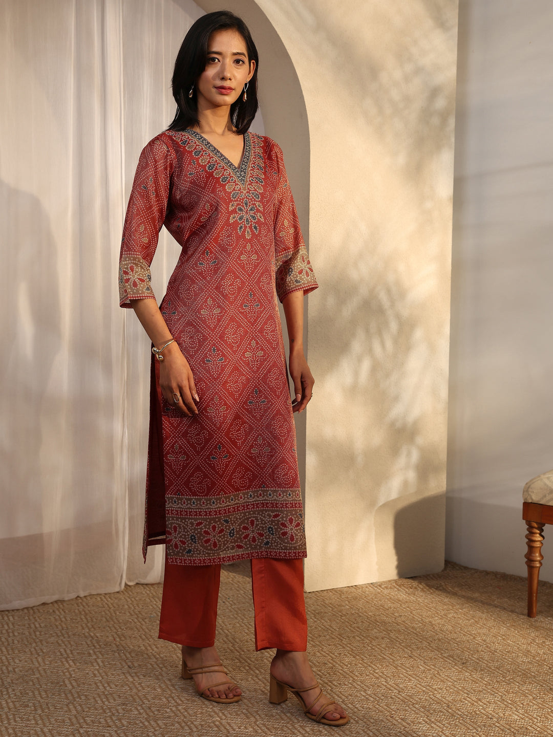  Rust Bandhani Printed Silk Blend Straight Suit Set With Dupatta 
