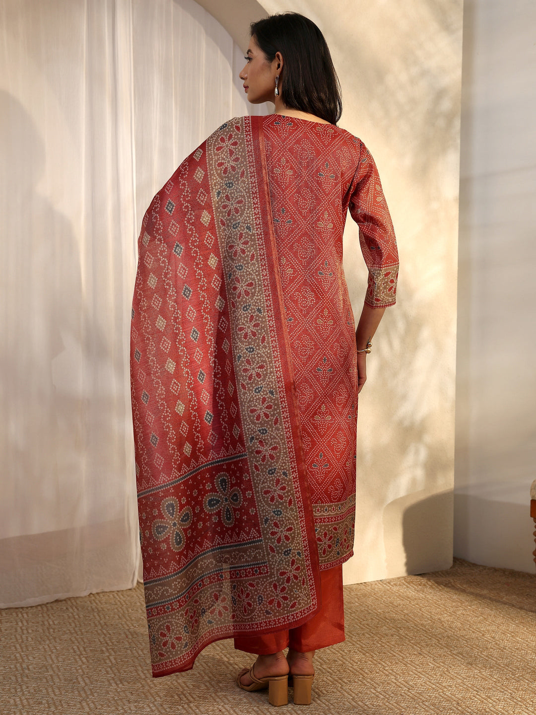  Rust Bandhani Printed Silk Blend Straight Suit Set With Dupatta 