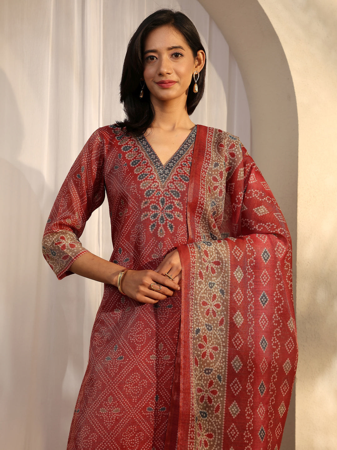  Rust Bandhani Printed Silk Blend Straight Suit Set With Dupatta 