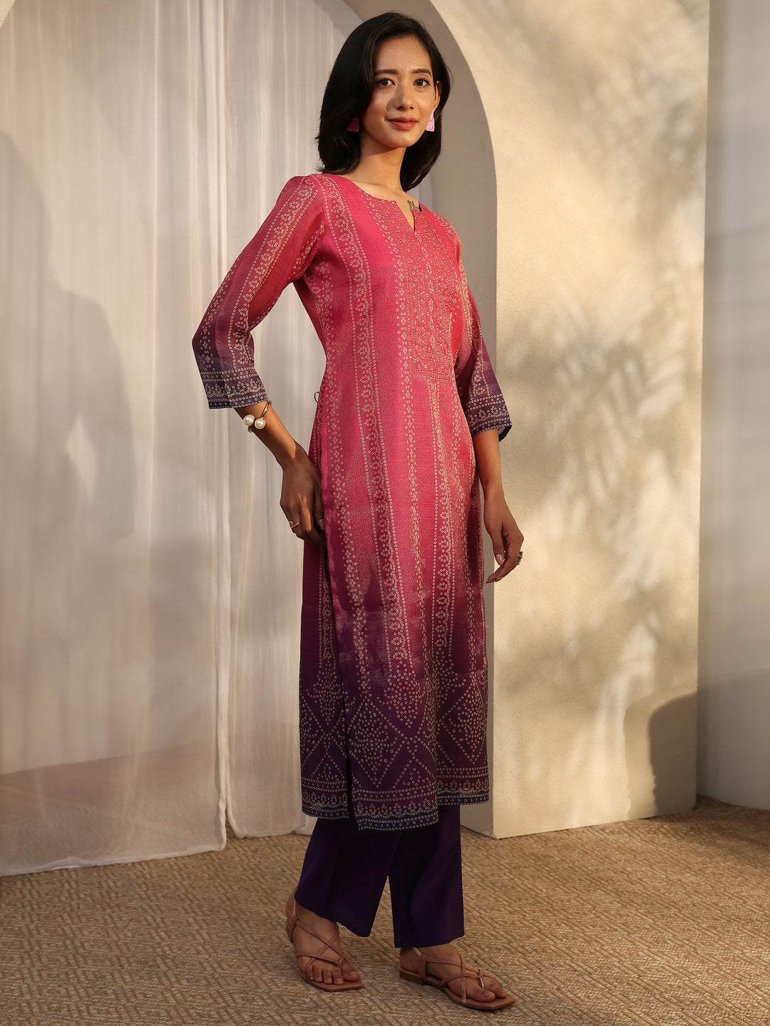  Pink Bandhani Printed Silk Blend Straight Suit Set With Dupatta 