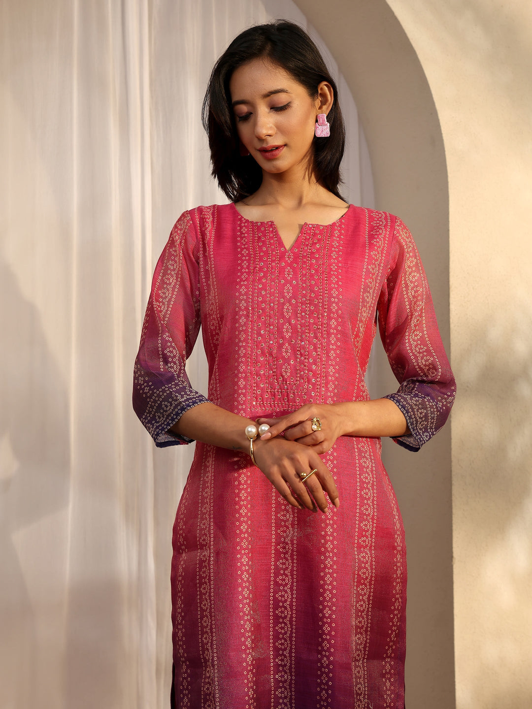  Pink Bandhani Printed Silk Blend Straight Suit Set With Dupatta 