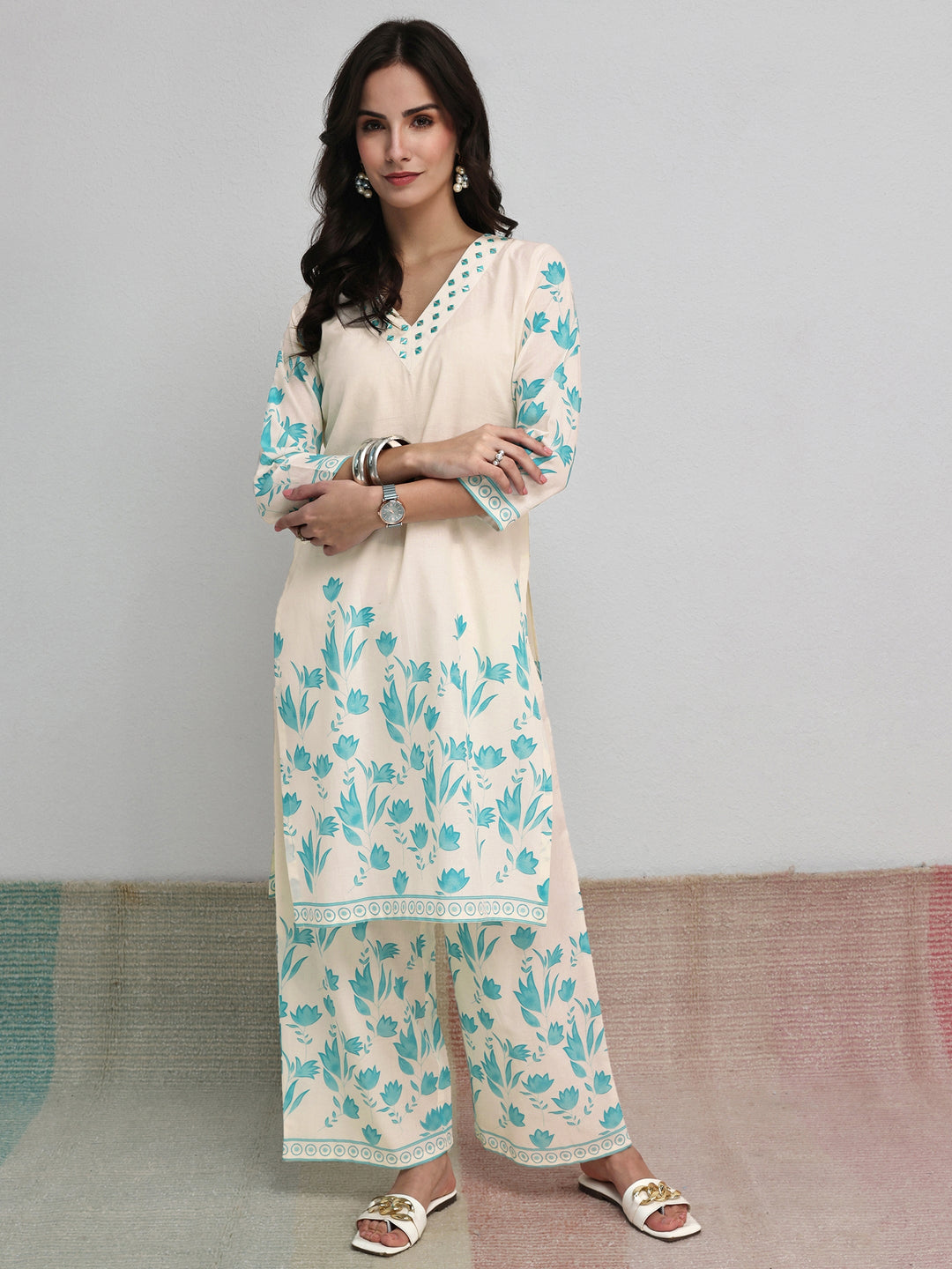 Off White Floral Printed Cotton Co-Ord Set 