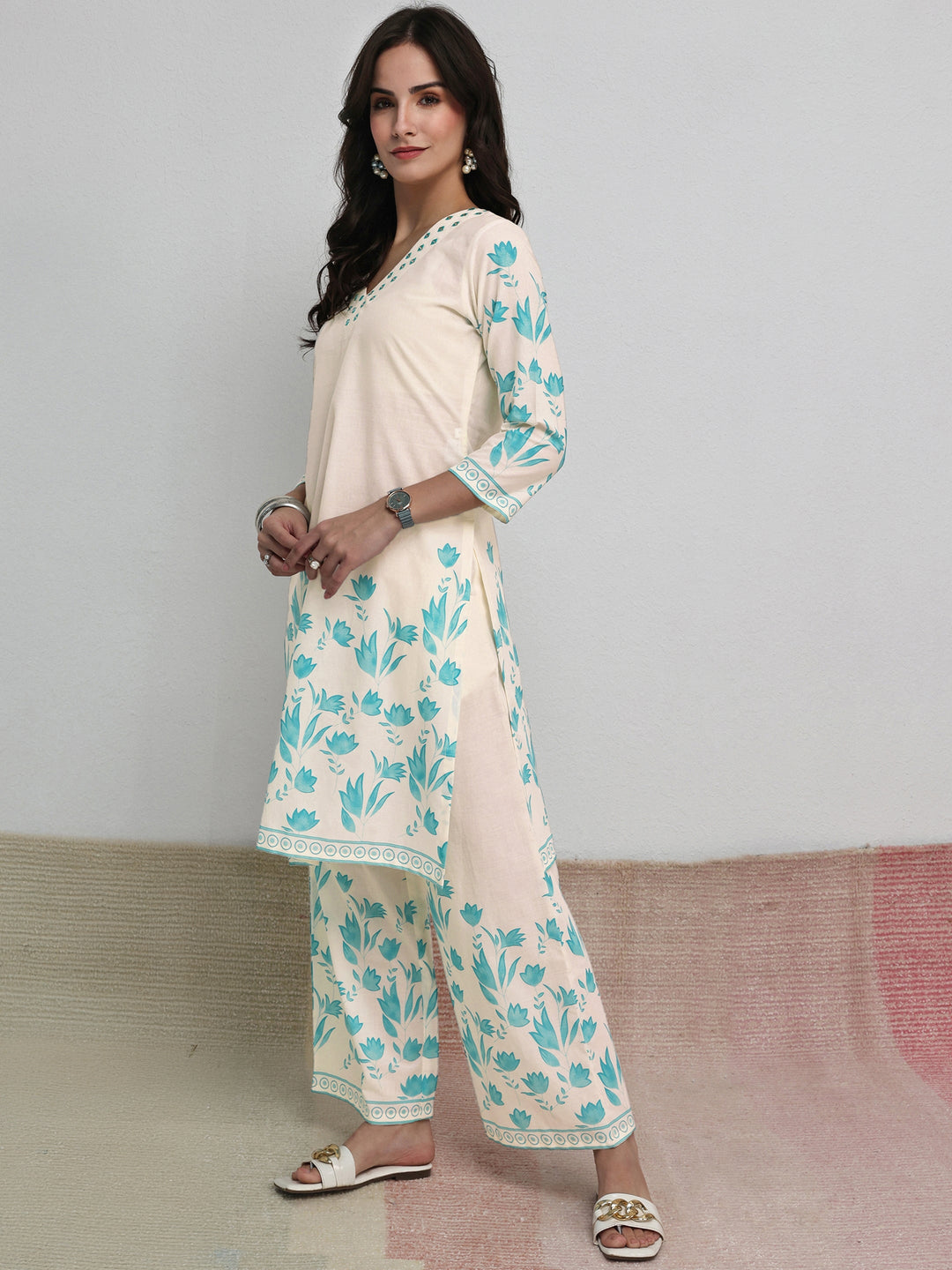  Off White Floral Printed Cotton Co-Ord Set 