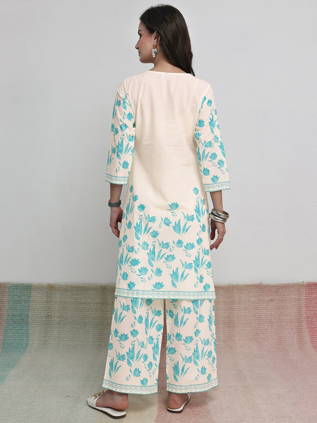  Off White Floral Printed Cotton Co-Ord Set 