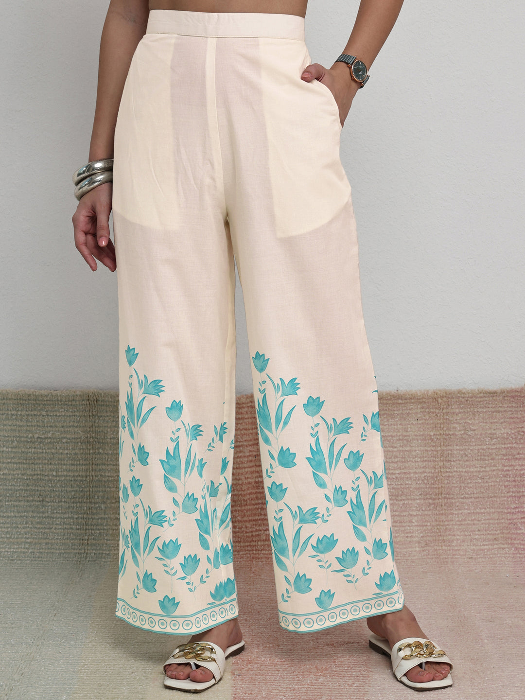  Off White Floral Printed Cotton Co-Ord Set 