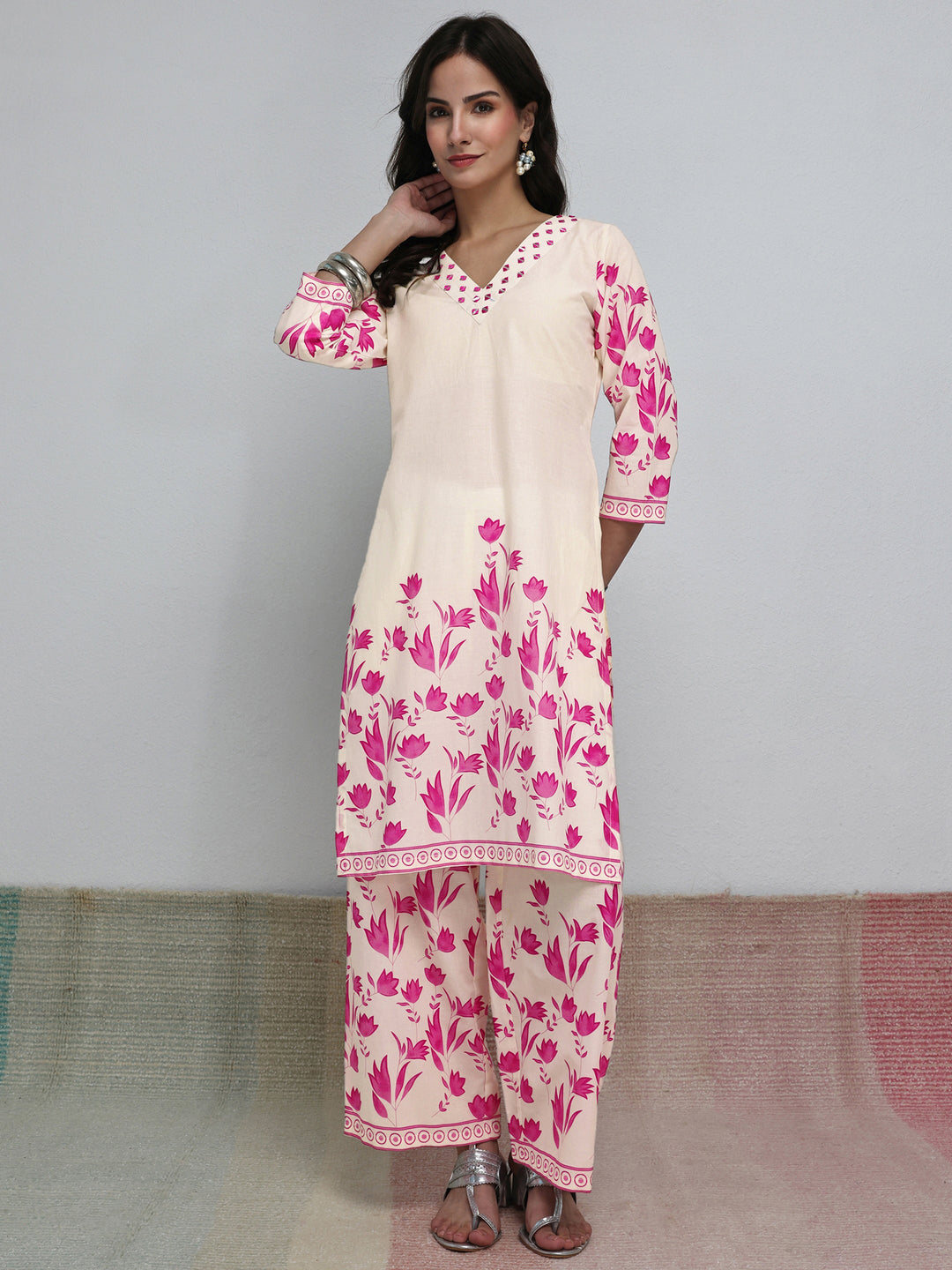  Off White Floral Printed Cotton Co-Ord Set 