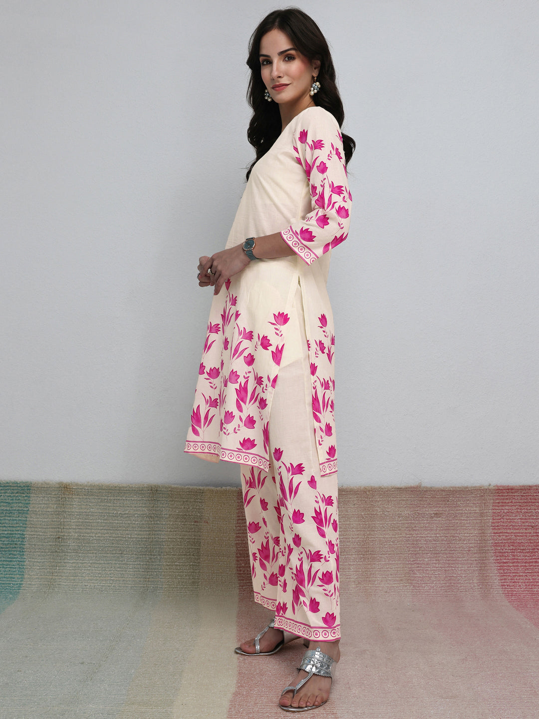  Off White Floral Printed Cotton Co-Ord Set 