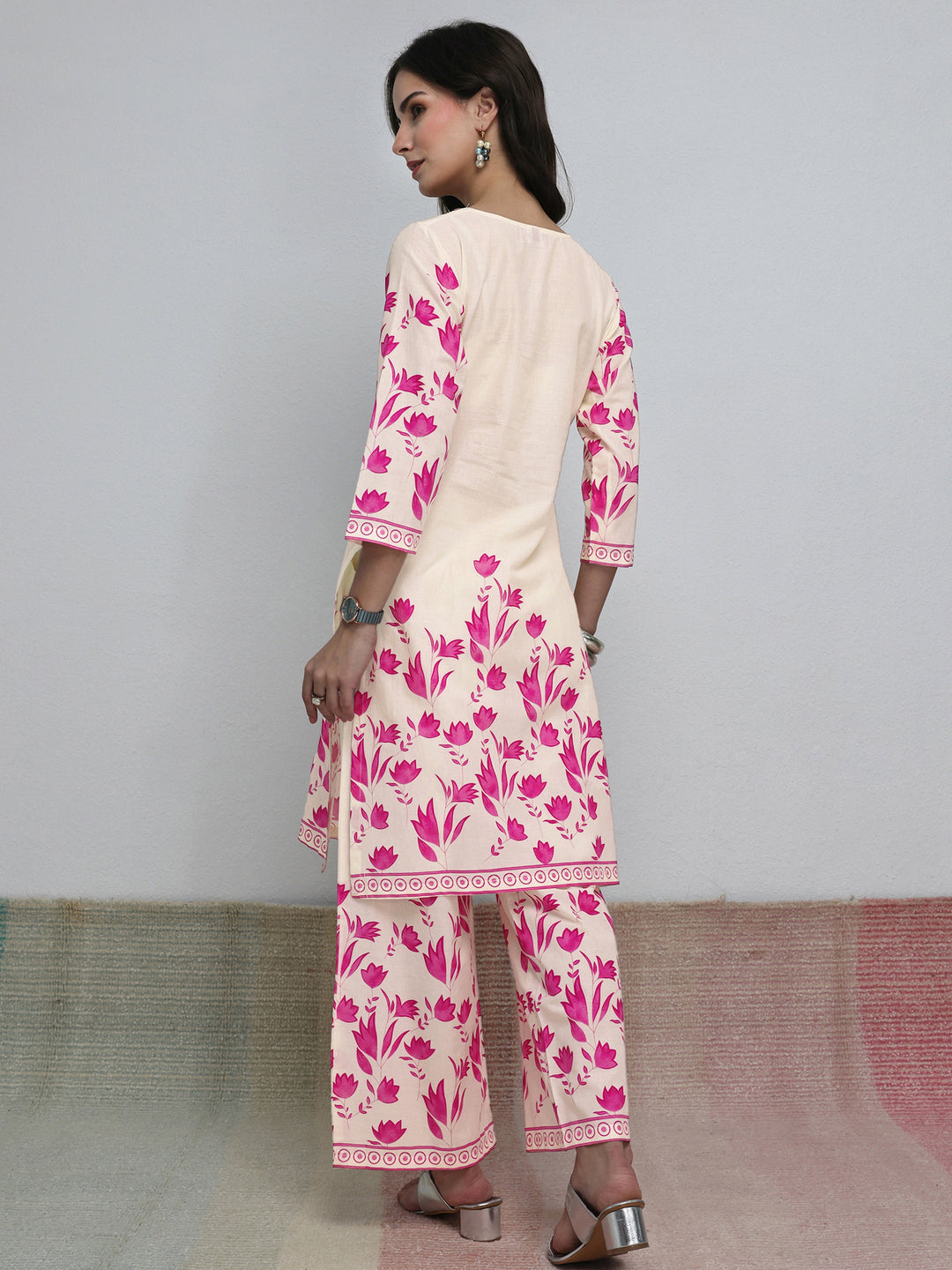  Off White Floral Printed Cotton Co-Ord Set 