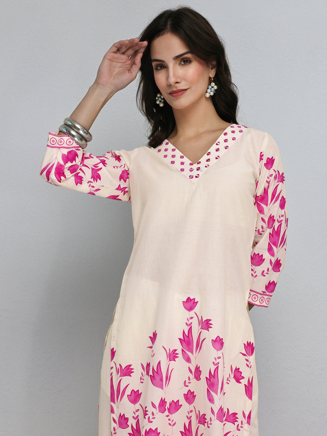  Off White Floral Printed Cotton Co-Ord Set 