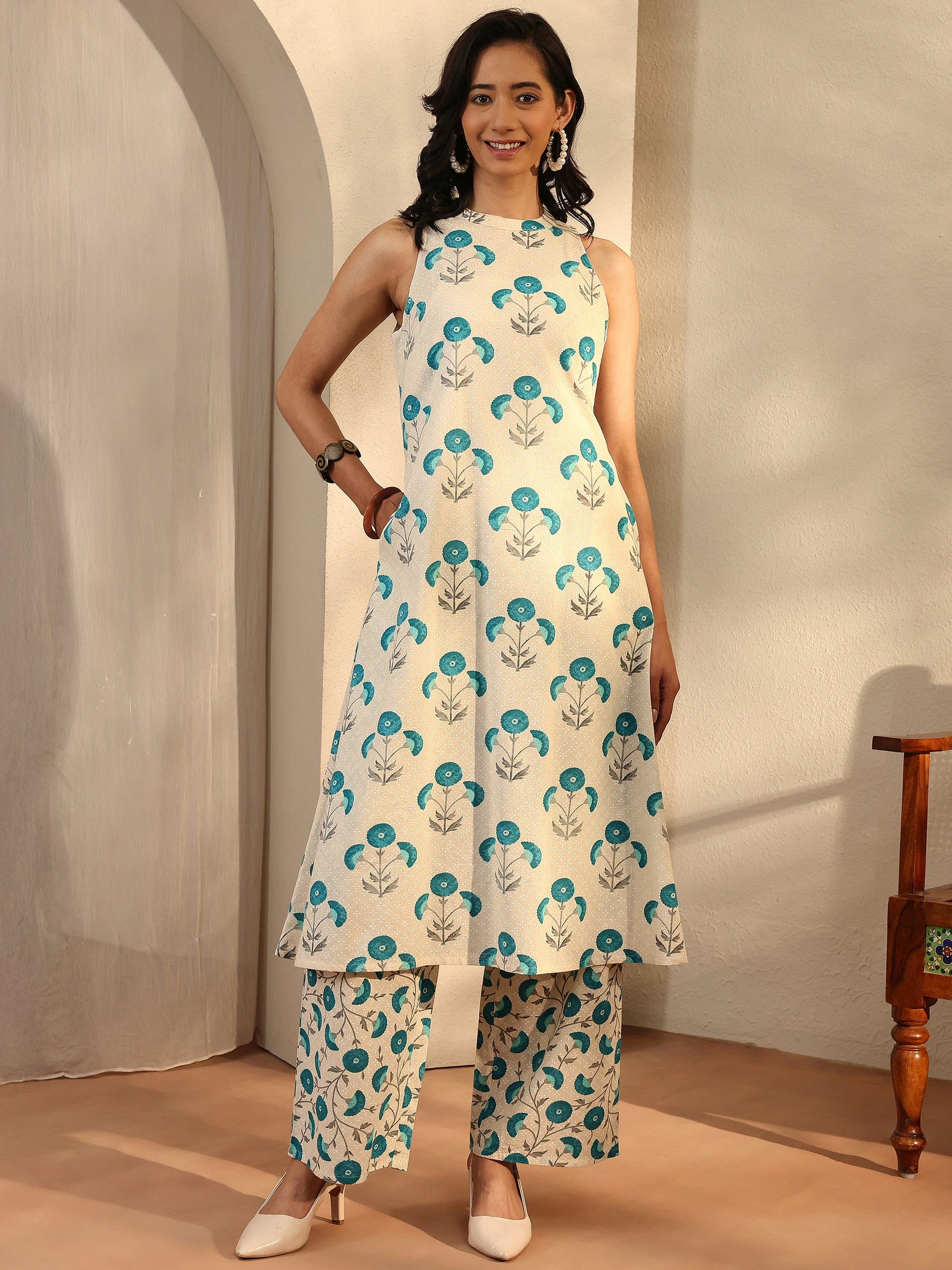 Beige Printed Silk Blend A-Line Kurti