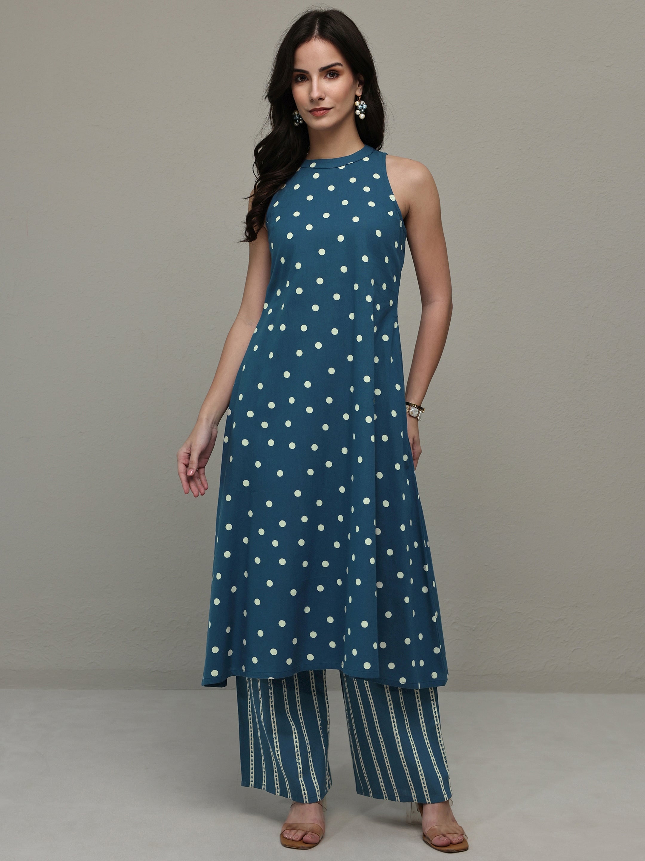 libas Blue Polka Dot Printed Cotton A-Line Kurta Set-picture-57