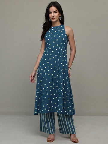 Blue Polka Dot Printed Cotton A-Line Kurta Set