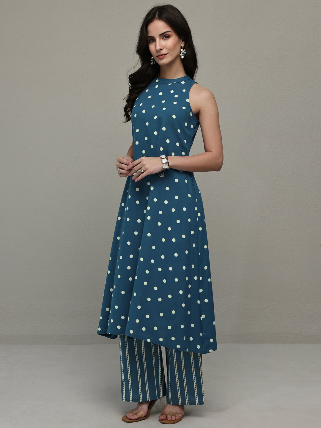  Blue Polka Dot Printed Cotton A-Line Kurta Set 