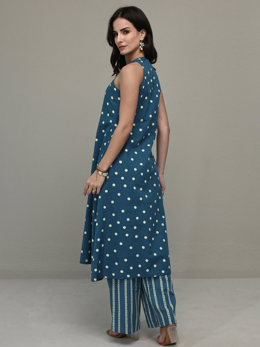  Blue Polka Dot Printed Cotton A-Line Kurta Set 