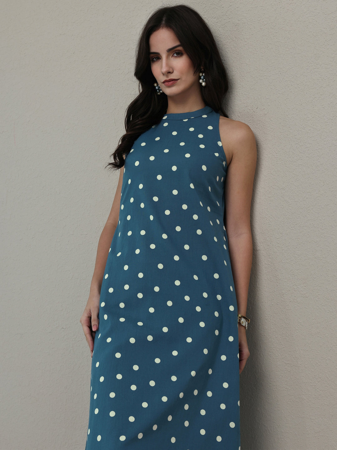  Blue Polka Dot Printed Cotton A-Line Kurta Set 