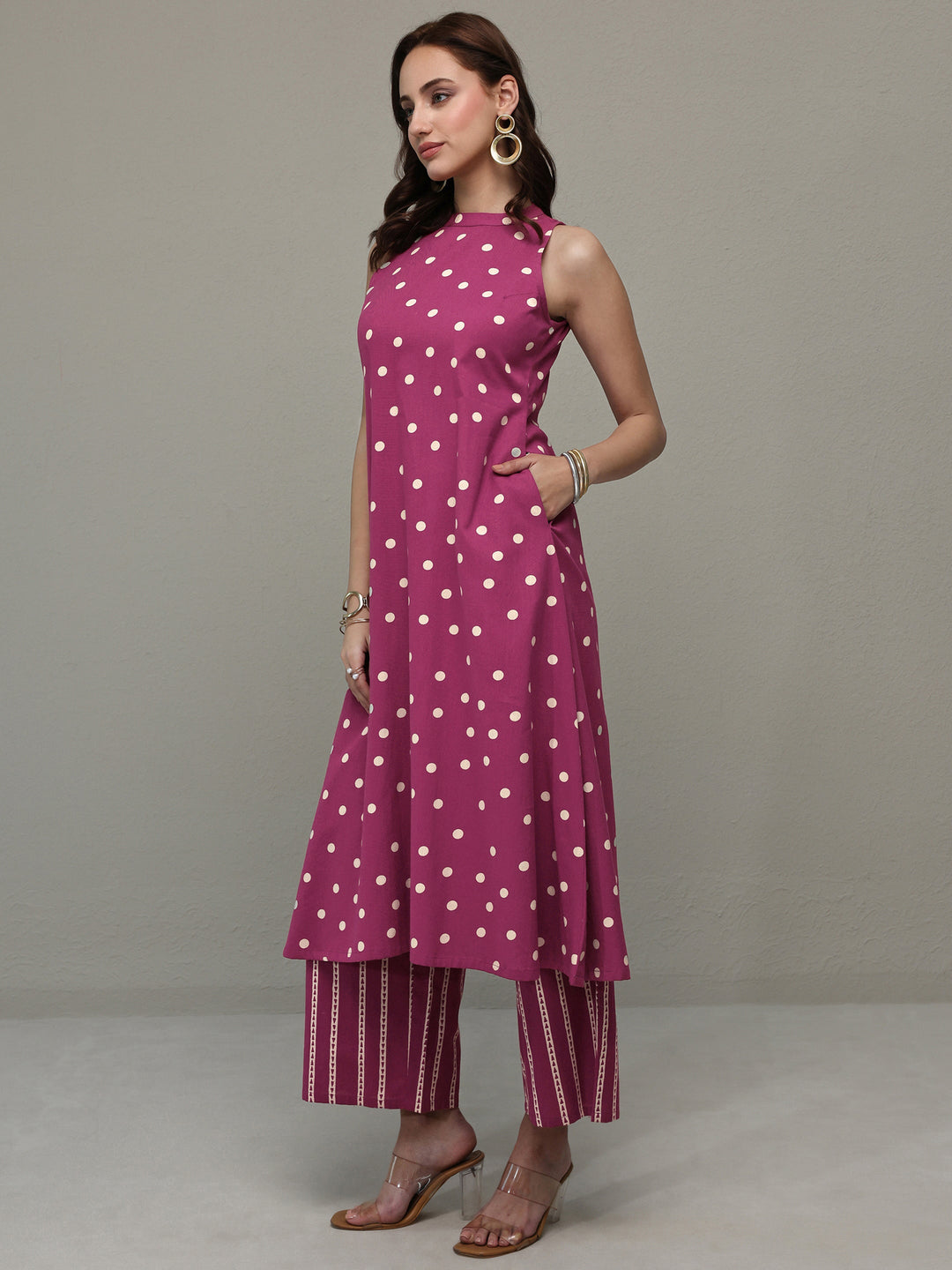 Pink Polka Dot Printed Cotton A-Line Kurta Set 