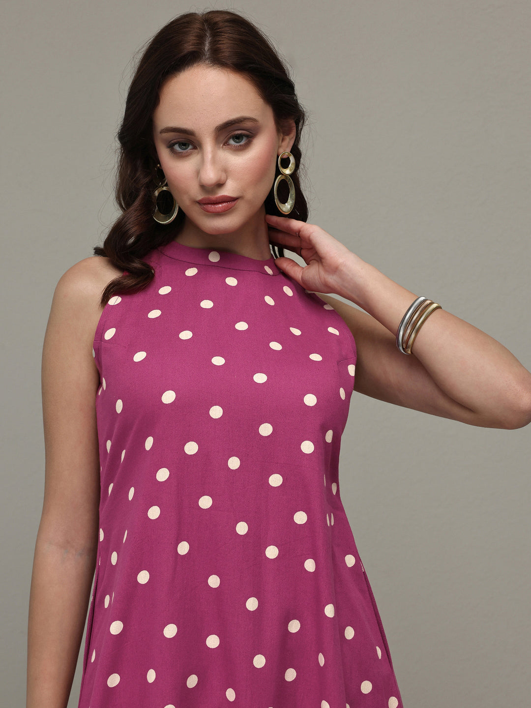  Pink Polka Dot Printed Cotton A-Line Kurta Set 