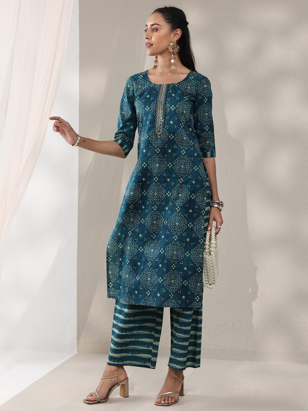 Blue Bandhani Printed Cotton Straight Kurta Set 