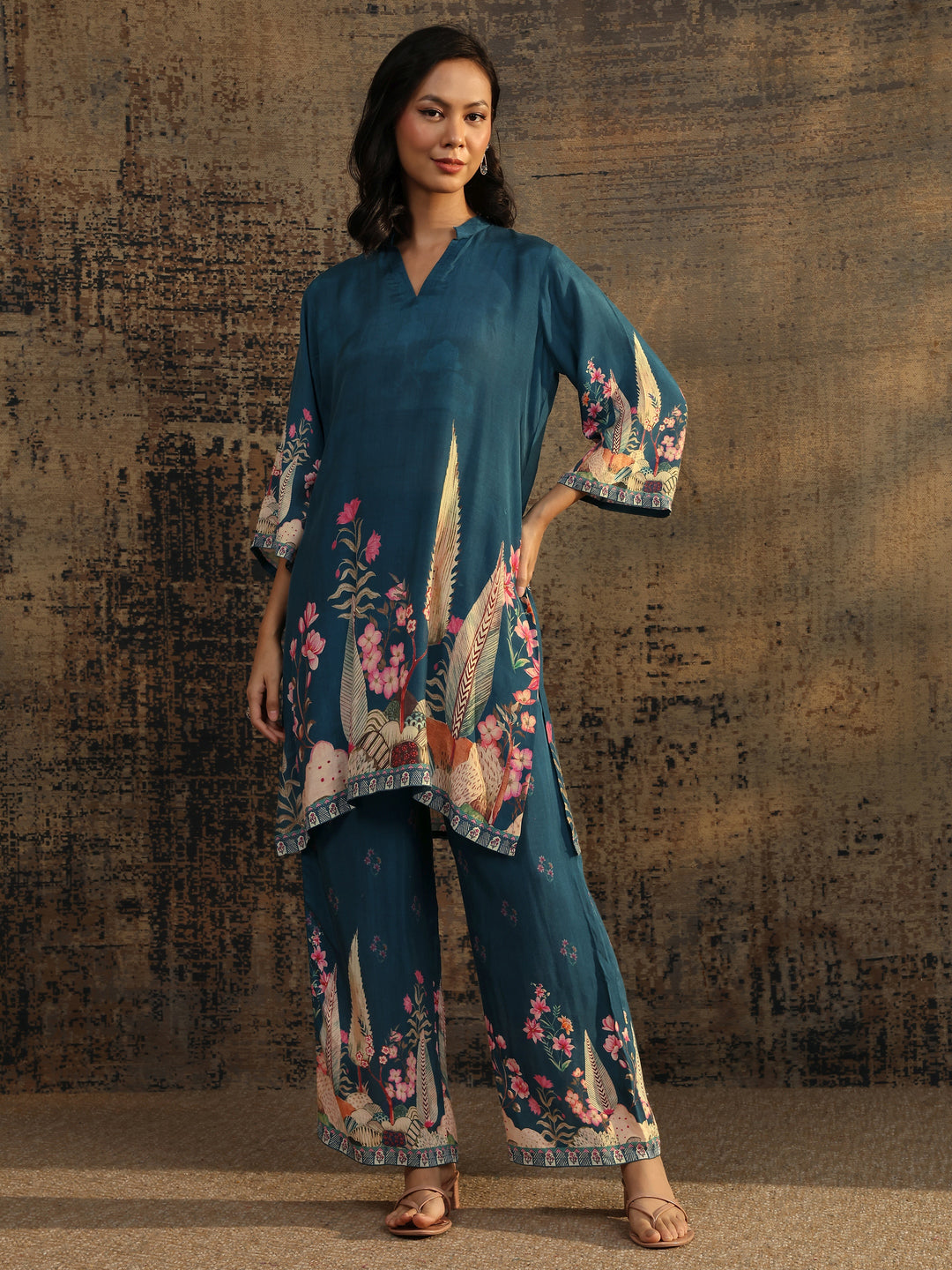  Teal Printed Muslin Co-Ord Set 