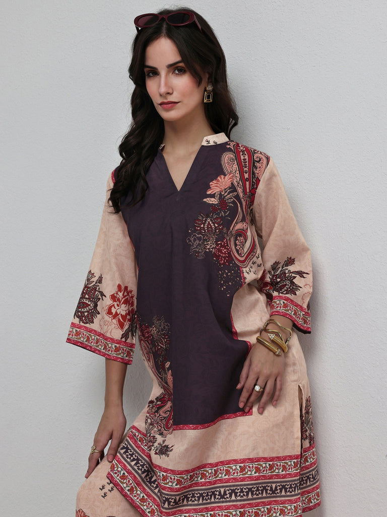 Libas Beige Floral Printed Cotton Blend Co-Ord Set