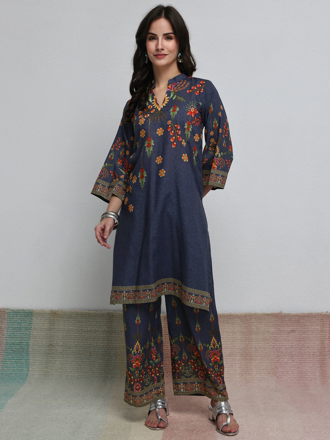  Blue Floral Printed Cotton Blend Co-Ord Set 