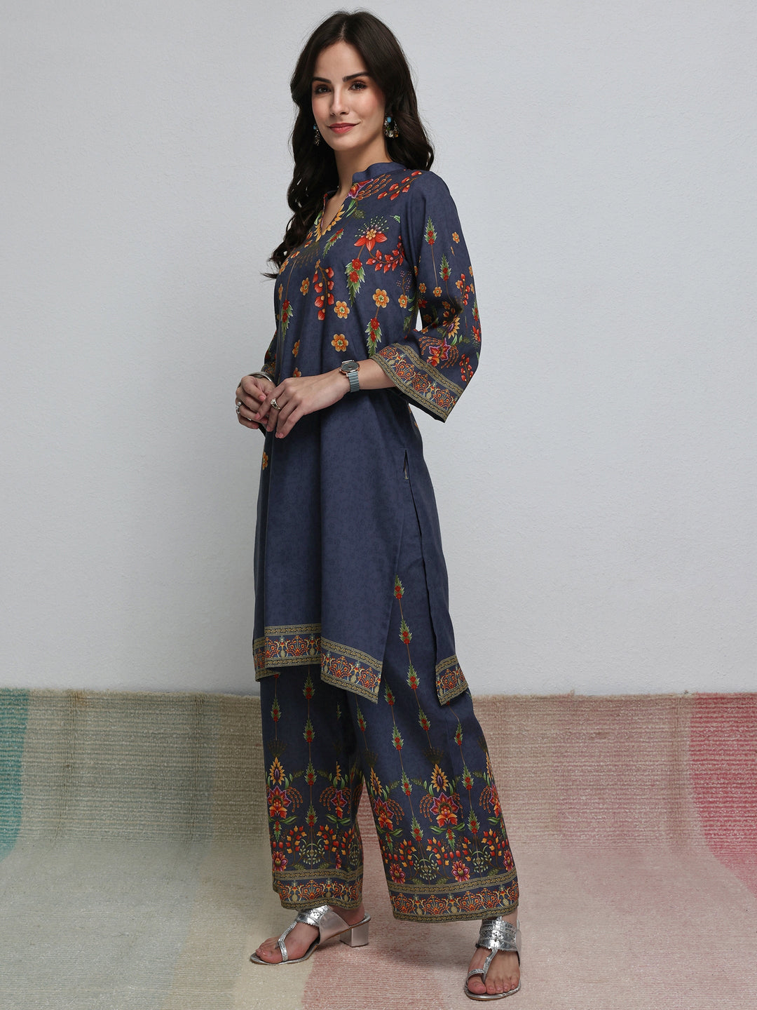  Blue Floral Printed Cotton Blend Co-Ord Set 