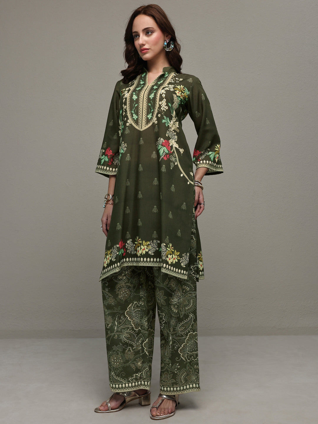  Green Floral Printed Cotton Blend Co-Ord Set 