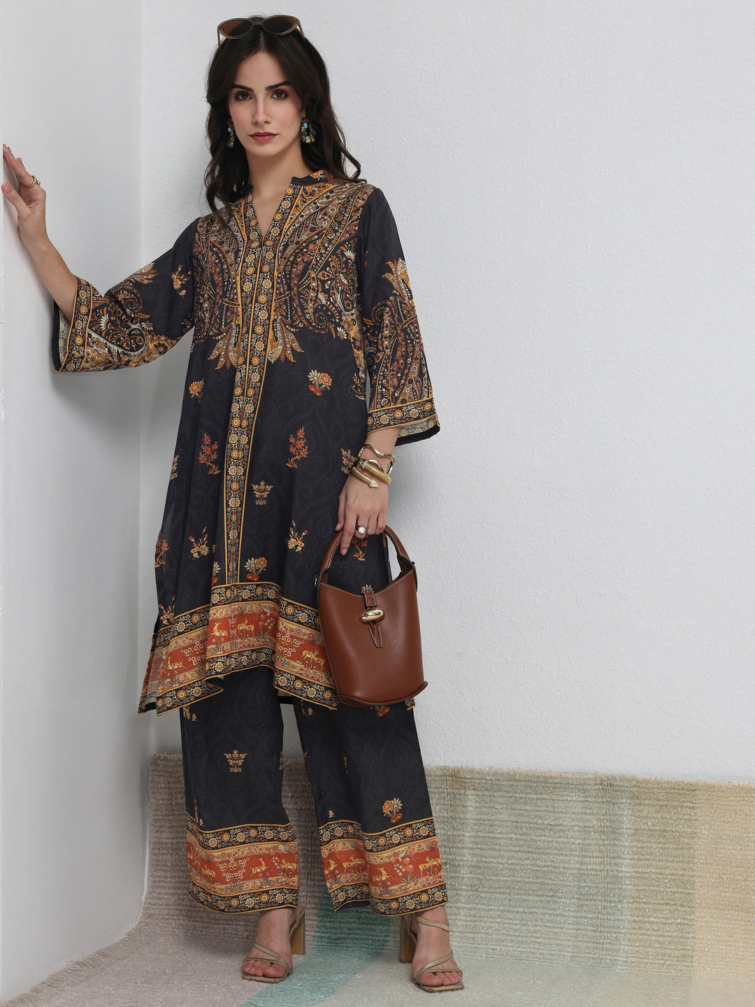  Black Ethnic Printed Cotton Blend Co-Ord Set 
