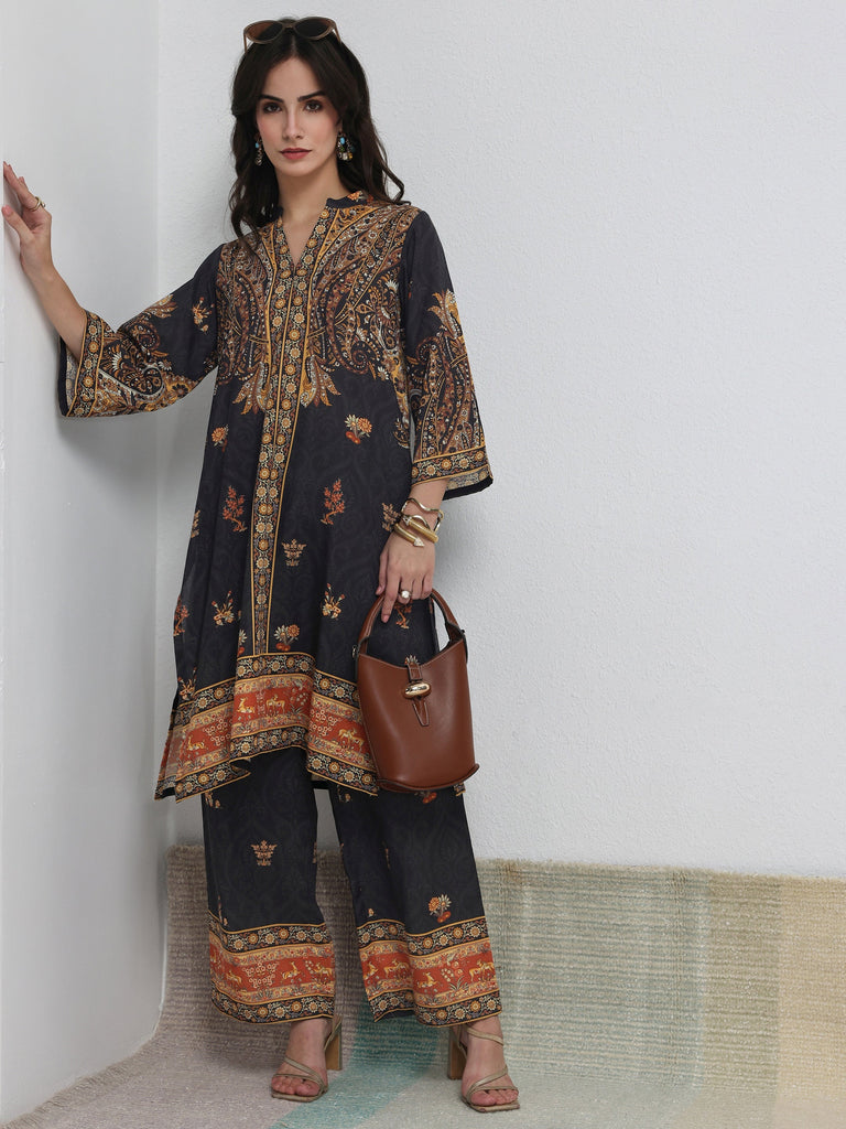 Libas Black Ethnic Printed Cotton Blend Co-Ord Set