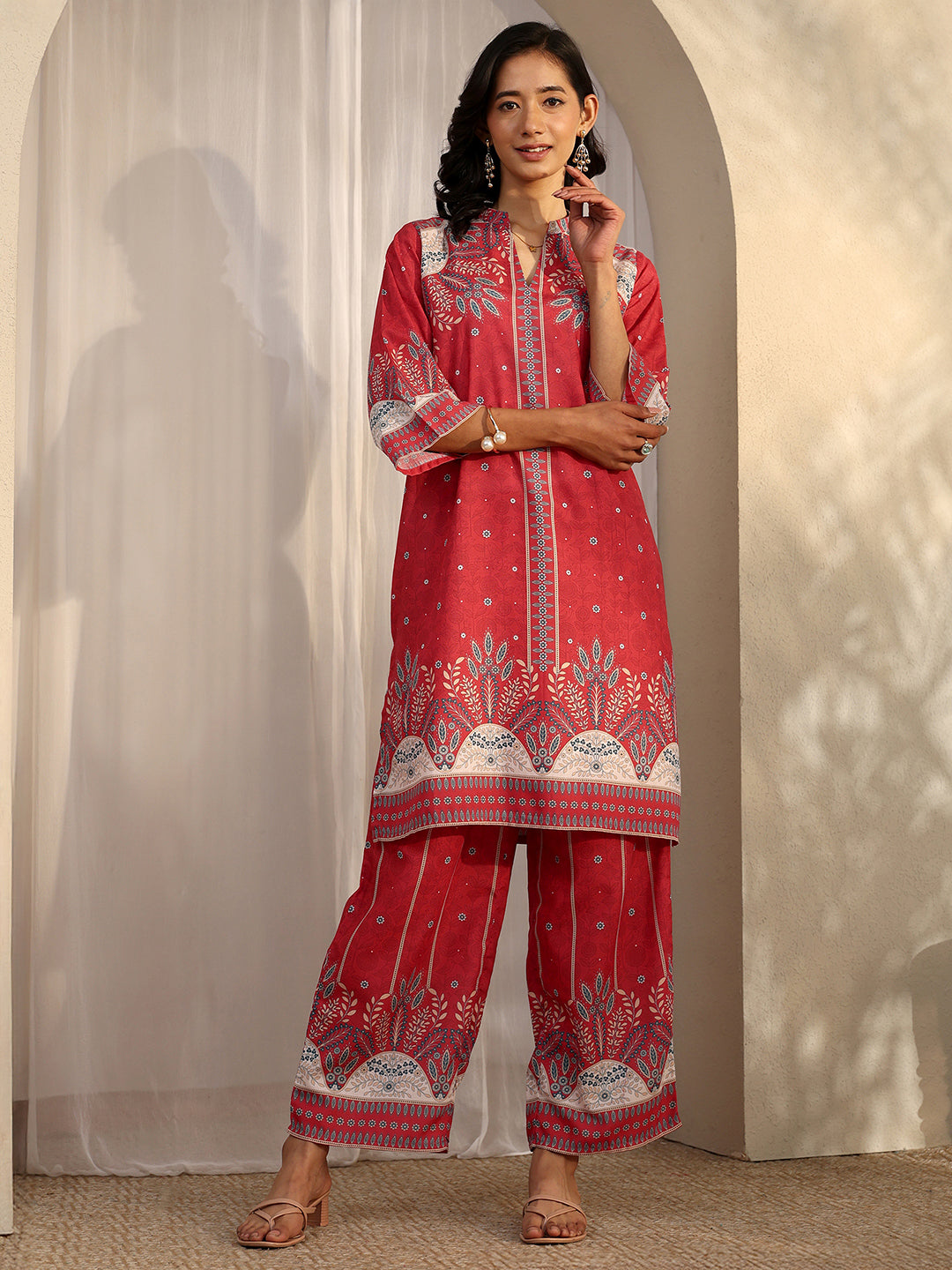 Red Printed Cotton Blend Co-Ord Sets-image-38