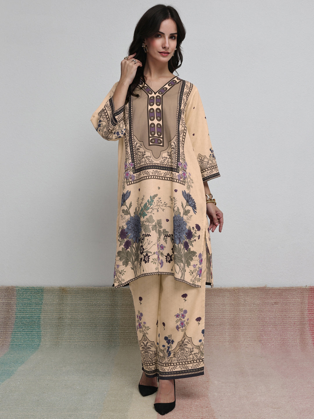  Beige Floral Printed Cotton Blend Co-Ord Set 