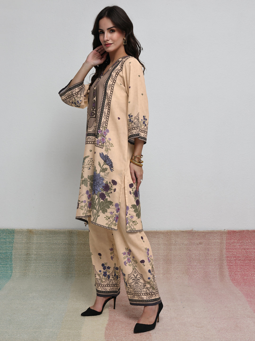  Beige Floral Printed Cotton Blend Co-Ord Set 