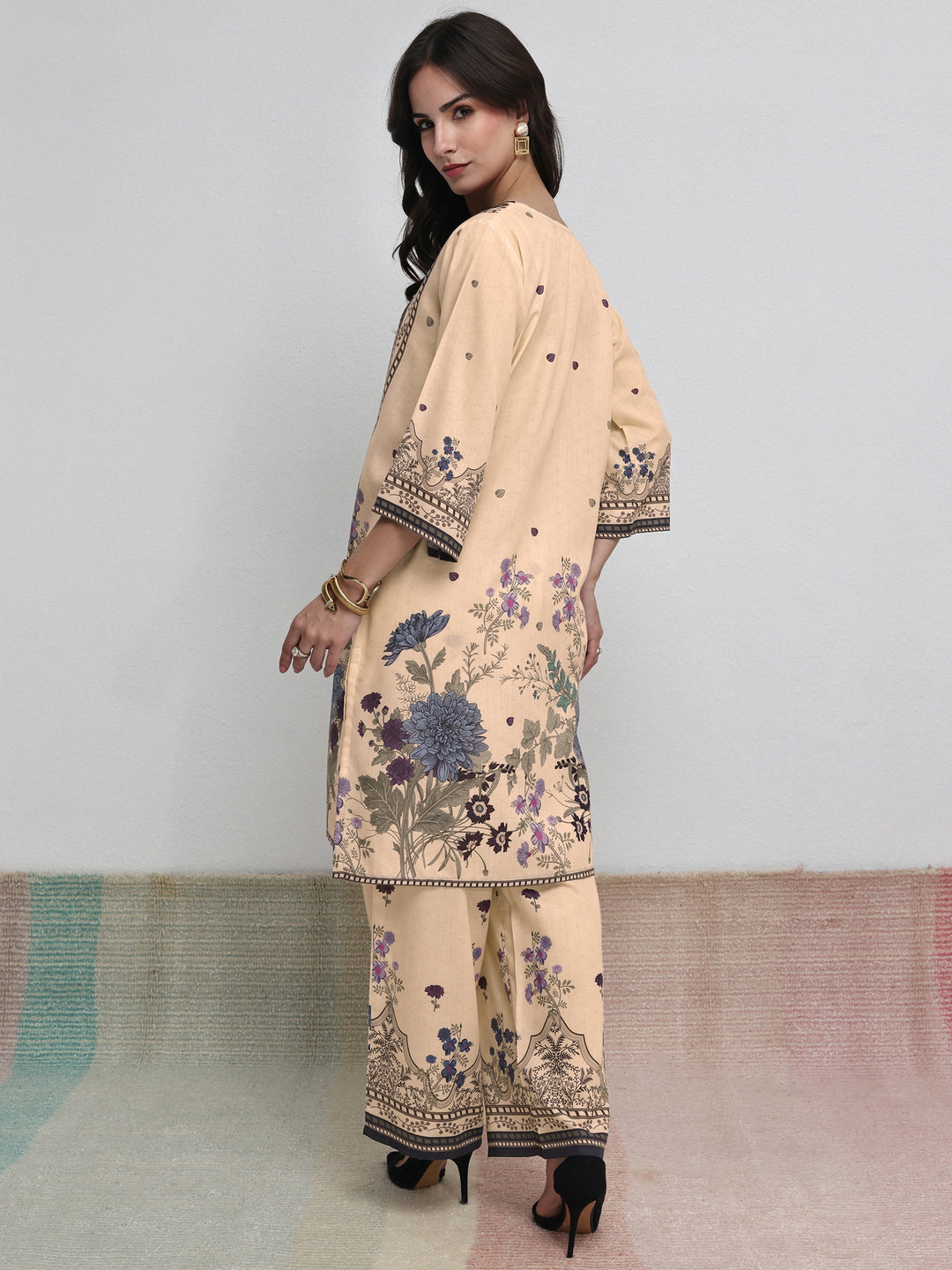  Beige Floral Printed Cotton Blend Co-Ord Set 