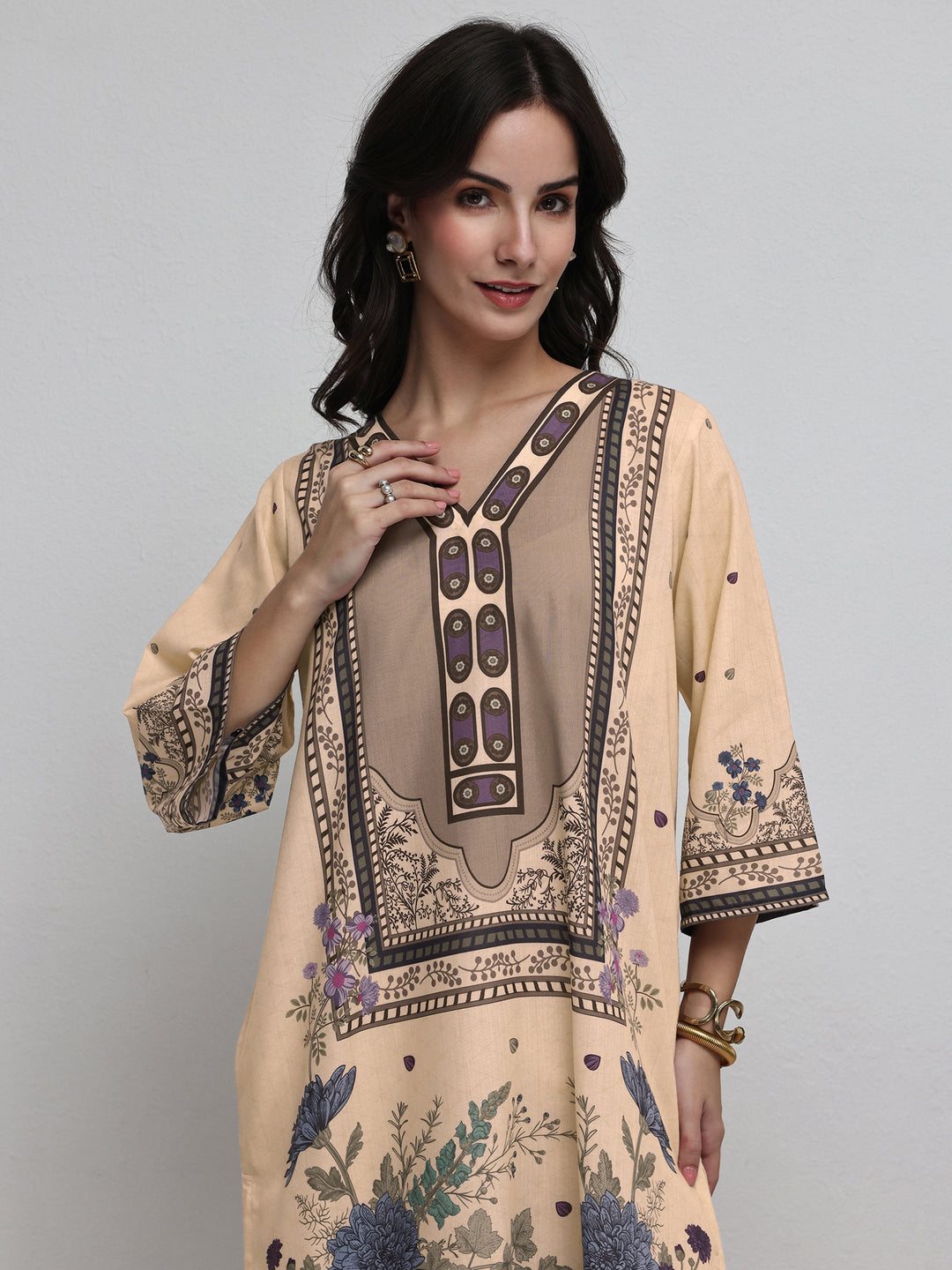  Beige Floral Printed Cotton Blend Co-Ord Set 
