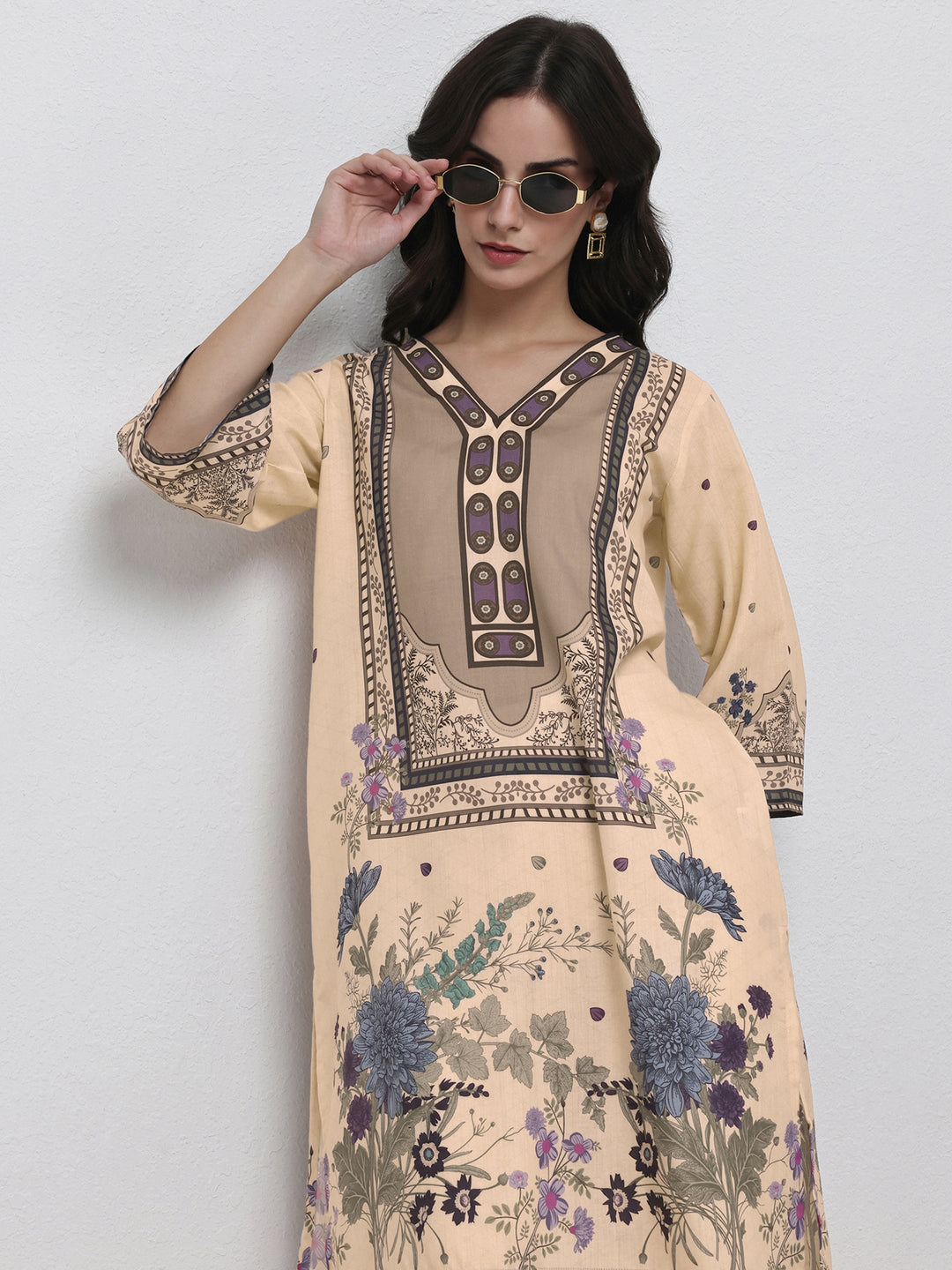  Beige Floral Printed Cotton Blend Co-Ord Set 