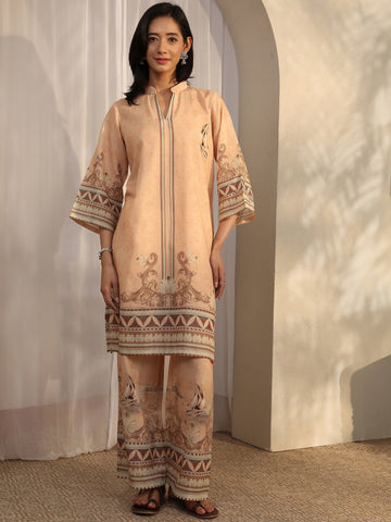 Libas Peach Printed Cotton Blend Co-Ord Sets