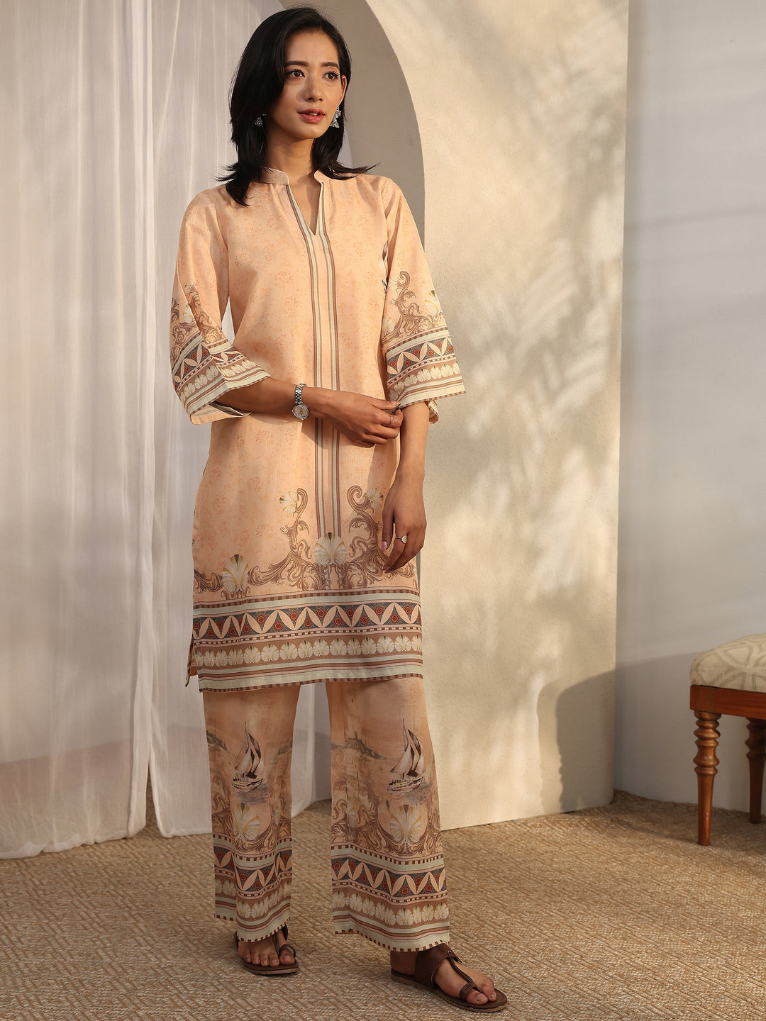  Peach Printed Cotton Blend Co-Ord Sets 