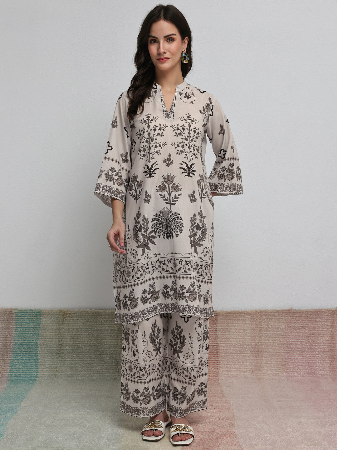  Off White Floral Printed Cotton Blend Co-Ord Set 