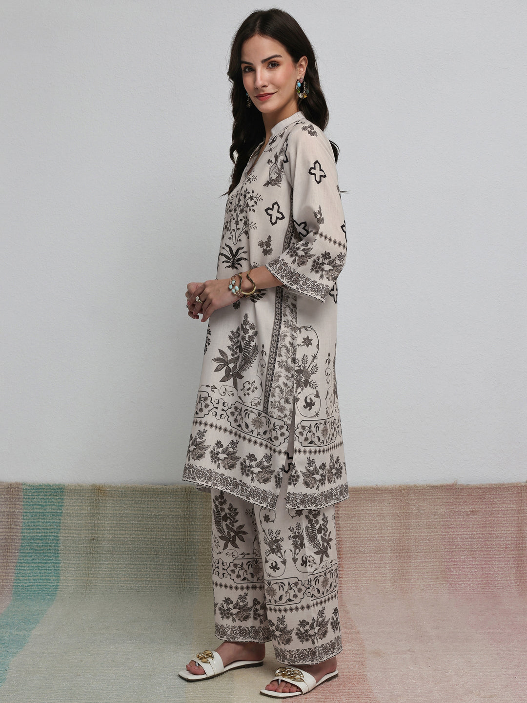  Off White Floral Printed Cotton Blend Co-Ord Set 