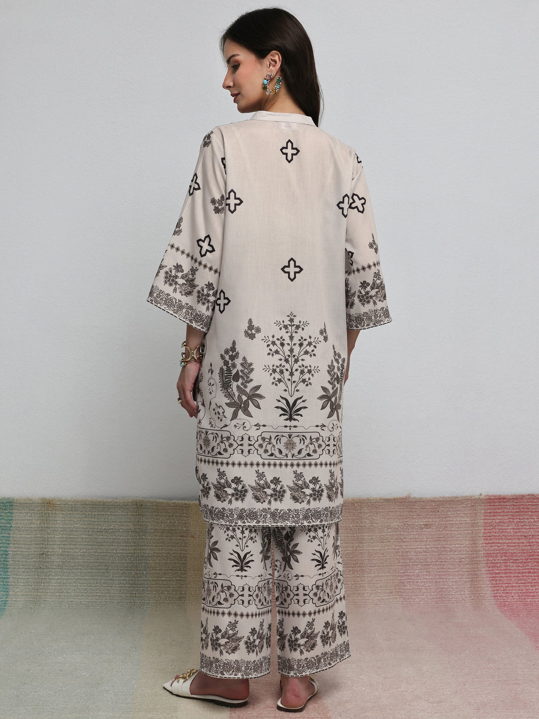  Off White Floral Printed Cotton Blend Co-Ord Set 